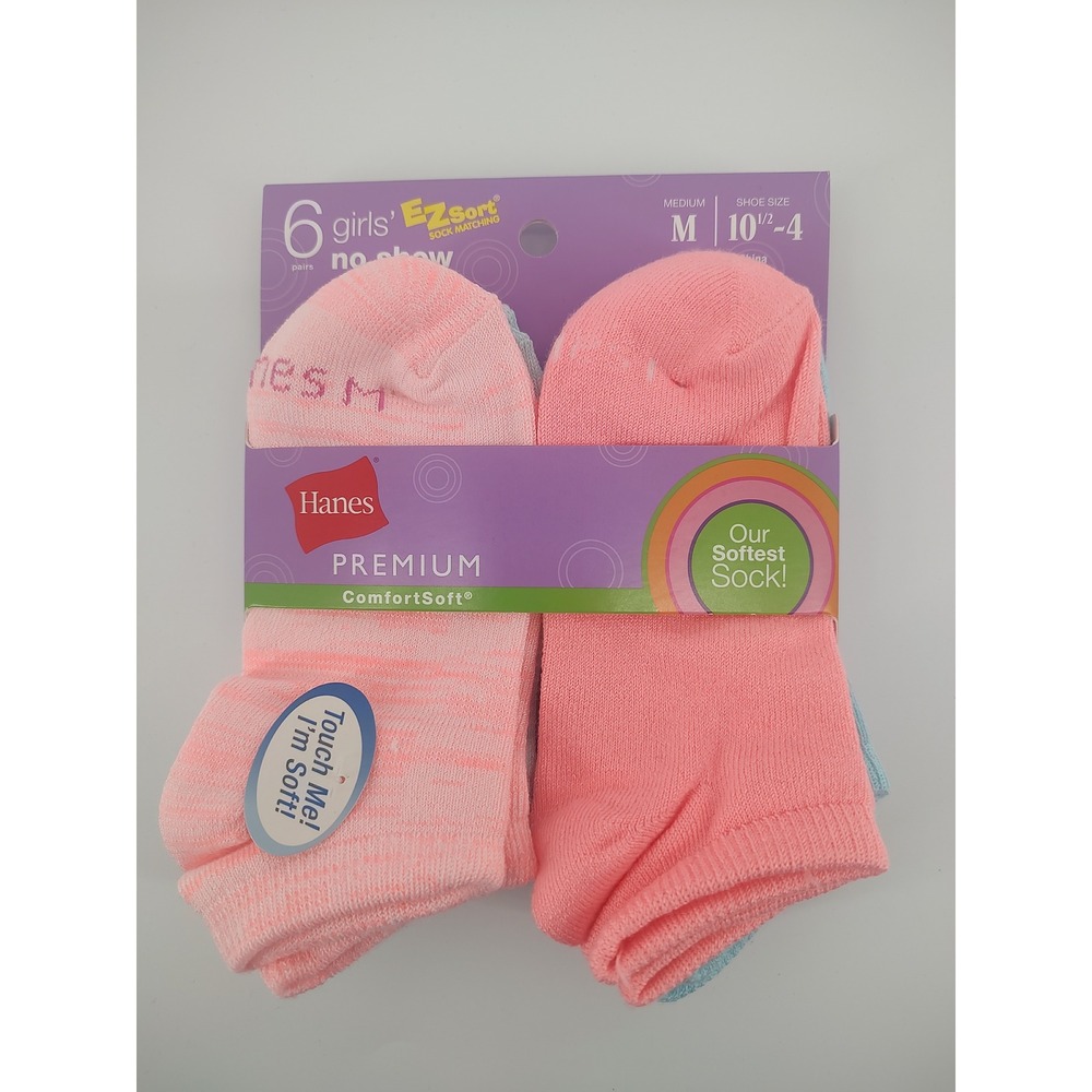 Hanes No Show Socks Girls Medium 10.5-4 Pink Purple 6 Pairs NWT ComfortSoft